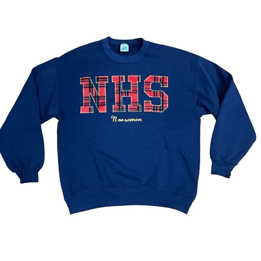 Vintage Jerzees NHS Horseman Plaid Lettering Crew Sweatshirt